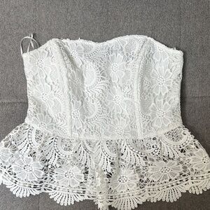 River Island White Lace Strapless Peplum Top
